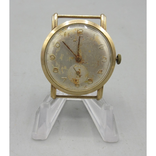 196 - Timor 9ct gold wristwatch, silvered Arabic dial with subsidiary seconds, Stolkace three piece case, ... 