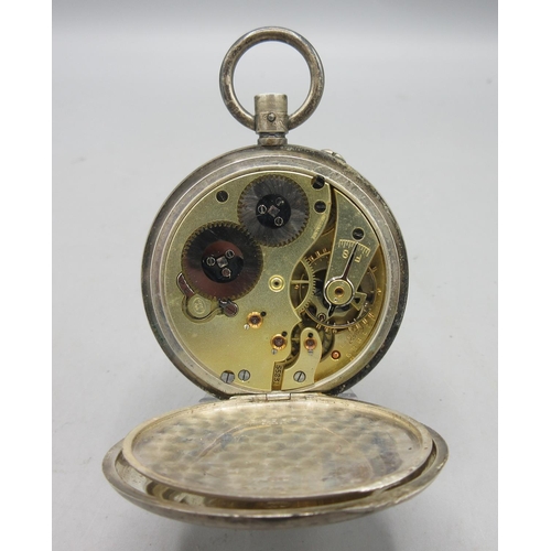 197 - S. & Co. Swiss silver keyless pin set pocket watch, white enamel Roman dial with subsidiary seconds,... 