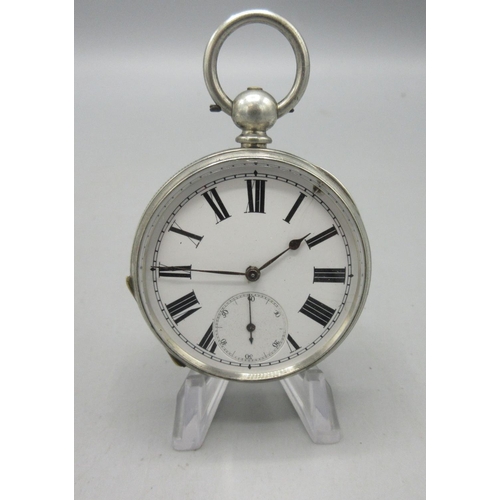 198 - Swiss 'Fine Silver' key wound pocket watch, white enamel Roman dial with subsidiary seconds, coin ed... 