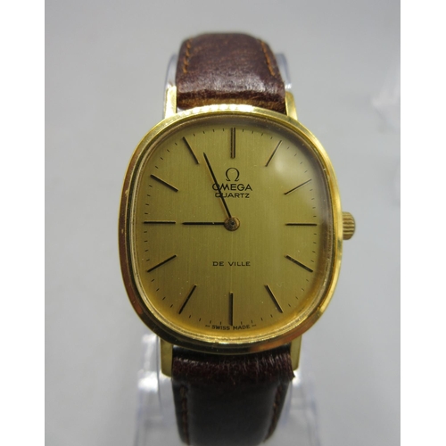 200 - Omega De Ville gold plated quartz wristwatch on brown leather strap with gold plated Omega buckle, s... 