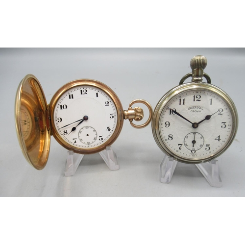 238 - Swiss rolled gold keyless hunter pocket watch, stepped white enamel Arabic dial with subsidiary seco... 