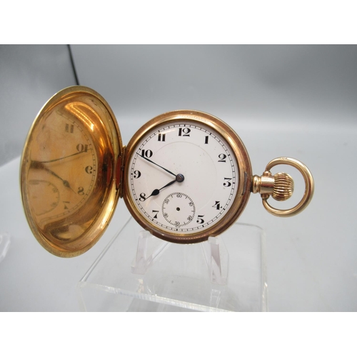 238 - Swiss rolled gold keyless hunter pocket watch, stepped white enamel Arabic dial with subsidiary seco... 