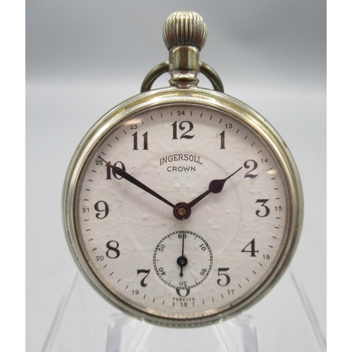 238 - Swiss rolled gold keyless hunter pocket watch, stepped white enamel Arabic dial with subsidiary seco... 