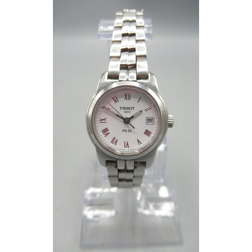 240 - Tissot PR 50 lady's stainless steel quartz wristwatch with date on original bracelet, signed white R... 