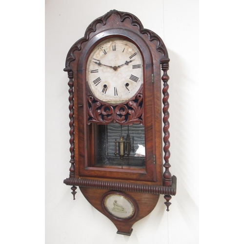 241 - American 19th Century walnut wall clock, shaped case with with applied carved moulding, fully turned... 