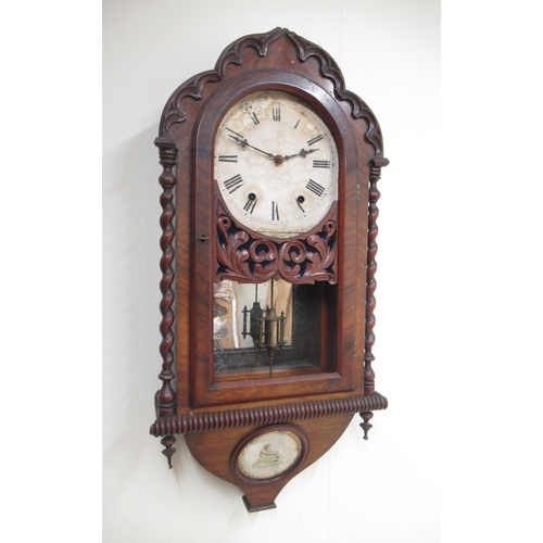 241 - American 19th Century walnut wall clock, shaped case with with applied carved moulding, fully turned... 