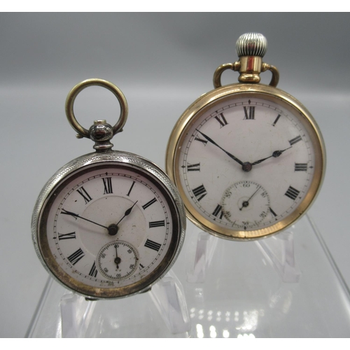 243 - Swiss rolled gold keyless pocket watch, white enamel Roman dial with subsidiary seconds, Dennison Wa... 