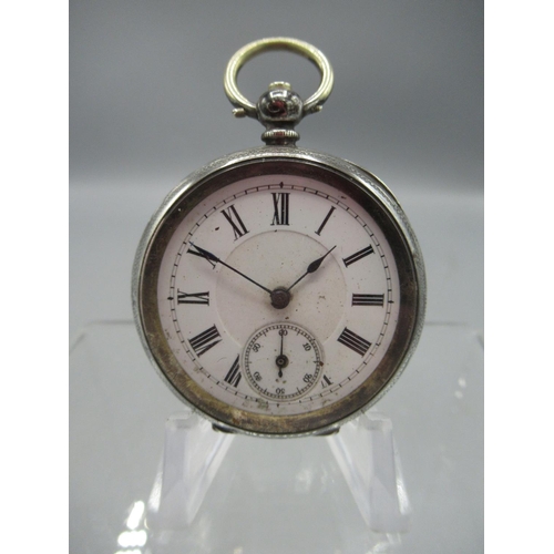 243 - Swiss rolled gold keyless pocket watch, white enamel Roman dial with subsidiary seconds, Dennison Wa... 