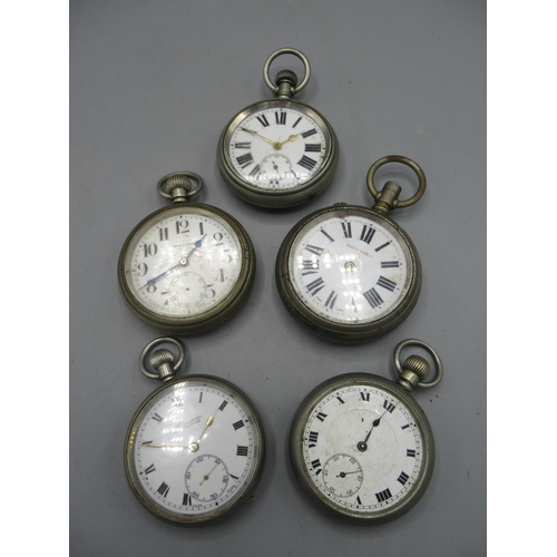 251 - Buren nickel keyless pocket watch, white enamel Roman dial with subsidiary seconds, screw off case b... 