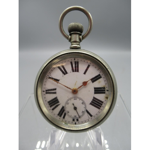 251 - Buren nickel keyless pocket watch, white enamel Roman dial with subsidiary seconds, screw off case b... 