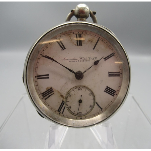 252 - Lancashire Watch Co. Ltd., London & Prescot, silver key wound pocket watch, signed white enamel Roma... 