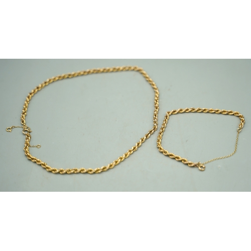 134 - 9ct yellow gold rope chain necklace and matching bracelet, both stamped 375, 16.28g

Shipping £23.00... 