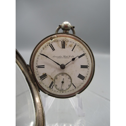 252 - Lancashire Watch Co. Ltd., London & Prescot, silver key wound pocket watch, signed white enamel Roma... 