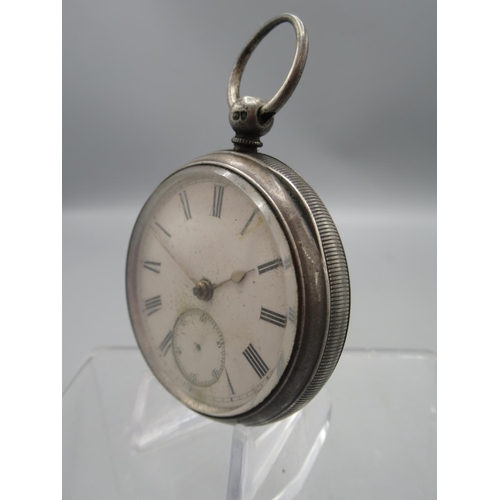 253 - Bothamley, Boston, silver key wound pocket watch, white enamel Roman dial with subsidiary seconds, e... 