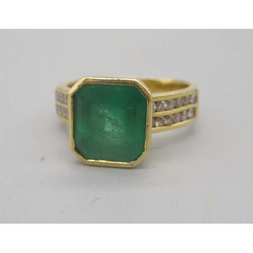 56 - 18ct yellow gold emerald ring, the rectangular cut emerald (approx.3.00ct) on diamond set shoulders,... 