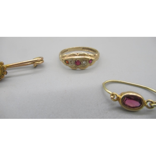 58 - 9ct yellow gold ring set with diamond and rubies, size N, a pair of 9ct gold purple stone set clip d... 