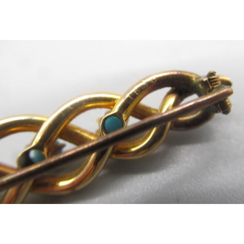 17 - Yellow metal bar brooch set with turquoise, with no visible marks, 4.24g

Shipping £23.00 plus vat (... 