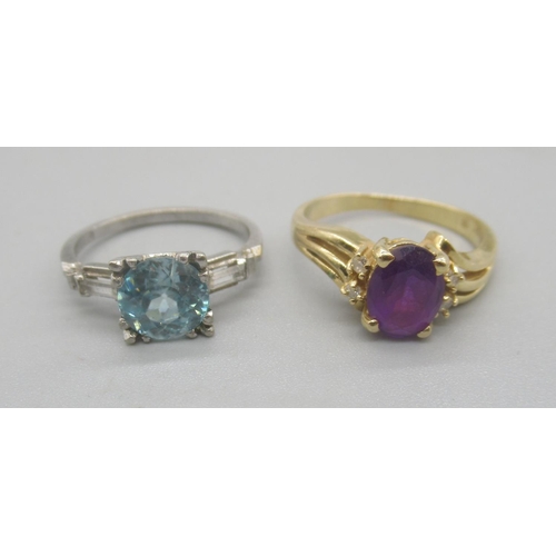 140 - 14ct yellow gold ring set with oval cut purple stone, stamped 585, size L, 3.50g and a 10k white gol... 