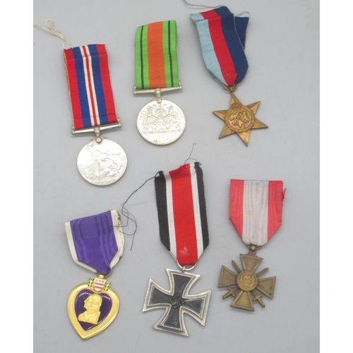 185 - WW2 Defence Medal, 1939-45 War Medal, 1939-45 Star, USA Purple Heart, 1813-1939 Iron Cross 2nd Class... 