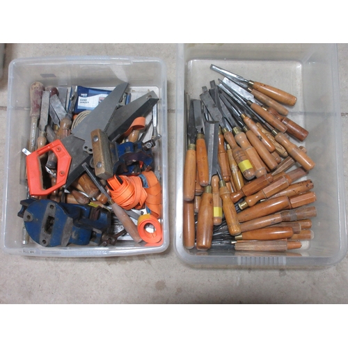 644 - Large assortment of vintage wood working tools, including gouges, chisels, files, carving chocks and... 