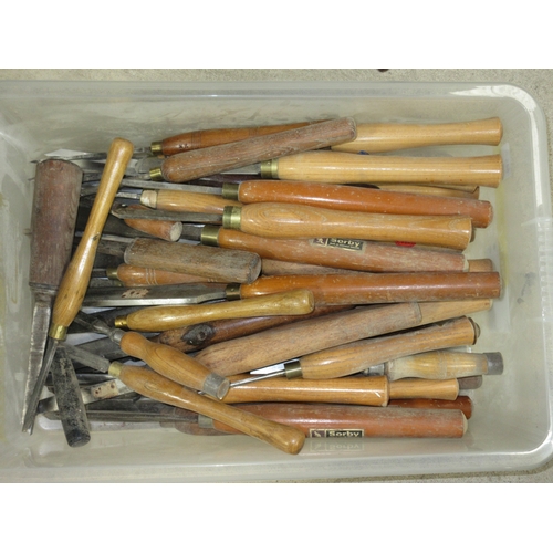 645 - Large collection of wooden-handled vintage wood turning tools, including Sorby and Crown Tools of Sh... 