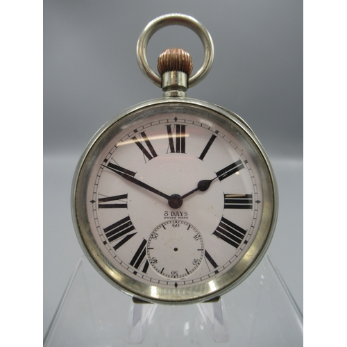 194 - Swiss Argentan keyless pin set goliath pocket watch, white enamel Roman dial with subsidiary seconds... 