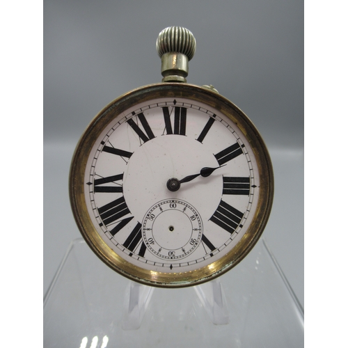 194 - Swiss Argentan keyless pin set goliath pocket watch, white enamel Roman dial with subsidiary seconds... 