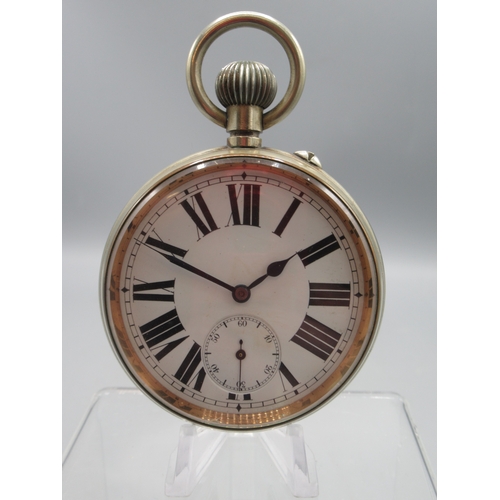 195 - Swiss nickel keyless pin set goliath pocket watch, white enamel Roman dial with subsidiary seconds, ... 