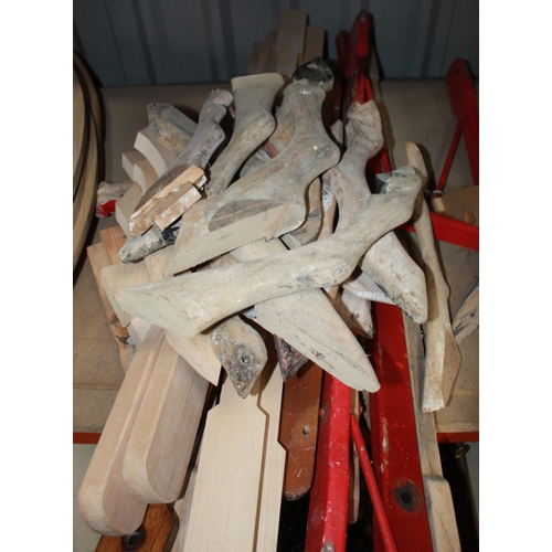 650 - Large collection of rocking horse parts and templates, including skids, legs, large assortment of st... 