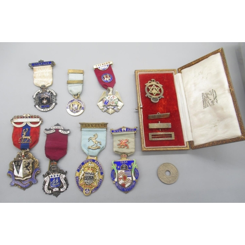 176 - Hallmarked Sterling silver and enamel Royal Masonic Institute for boys, 1940 Steward badge, and a co... 