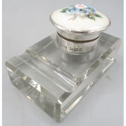 66 - Art Deco silver mounted glass inkwell, enamel lid decorated with ceramic flowers by Herbert Scott Mu... 