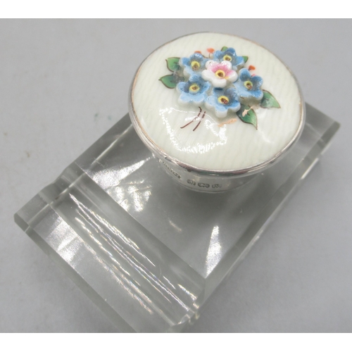 66 - Art Deco silver mounted glass inkwell, enamel lid decorated with ceramic flowers by Herbert Scott Mu... 