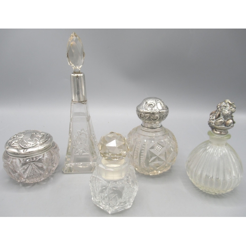 67 - 20th century cut glass perfume bottle with star cut sides, silver collar, Chester 1950, Edwardian si... 