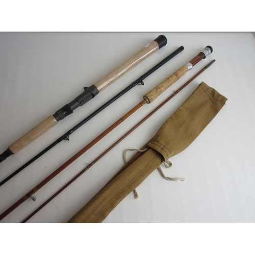 616 - Malloch's of Perth two-section split cane fly rod 9' 6'' complete with original canvas sleeve; South... 