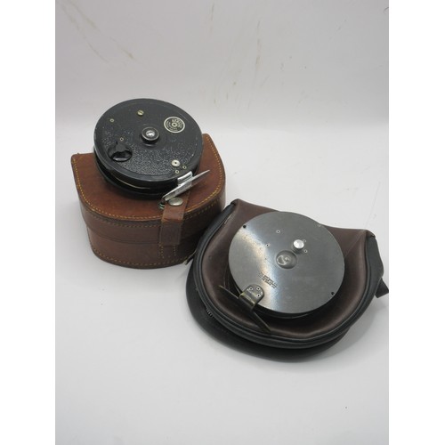 621 - Hardy Bros 'The Conquest' fly reel in leather pouch; Allcocks of Redditch 'Match Arial' fly reel in ... 