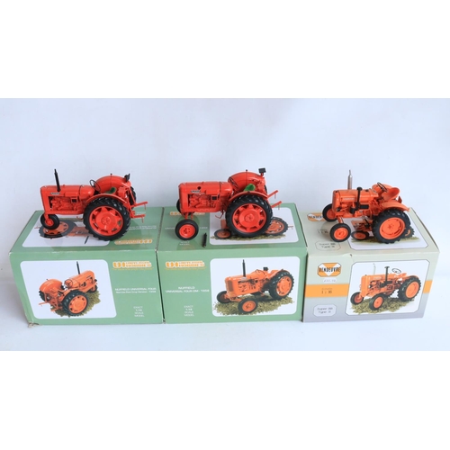 Three 1/16 scale diecast model tractors from Universal Hobbies to include 2x 1958 Nuffield Universal Four's (narrow row crop version and standard DM, please note standard version with snapped off exhaust pipe and glue residue in mounting area) plus a Vendeuvre Super BB Type 31, models generally in at least good though dirty/dusty previously displayed condition (with obvious issue noted above) with generally good boxes, some other damage possible, please refer to photos for overall condition etc.