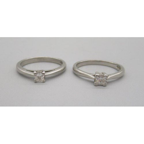Two platinum diamond solitaire rings set with square cut diamonds, both size N, both stamped 950, 7.78g

Shipping £20.00 plus vat (UK Only)