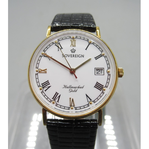 Sovereign 9ct gold quartz wristwatch with date on black leather strap ...