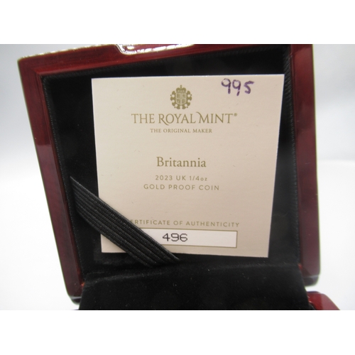36 - The Royal Mint - Britannia 2023 UK 1/4oz Gold Proof Coin encapsulated in case with COA No.496/970


... 