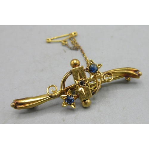 Antique 15ct yellow gold bar brooch set with sapphires, stamped 625, 2.65g

Shipping £23.00 plus vat (UK Only)