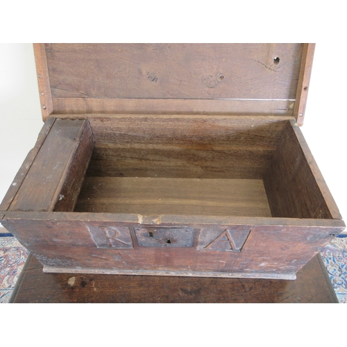 18th century oak rectangular box, with chip carved hinged lid and ...