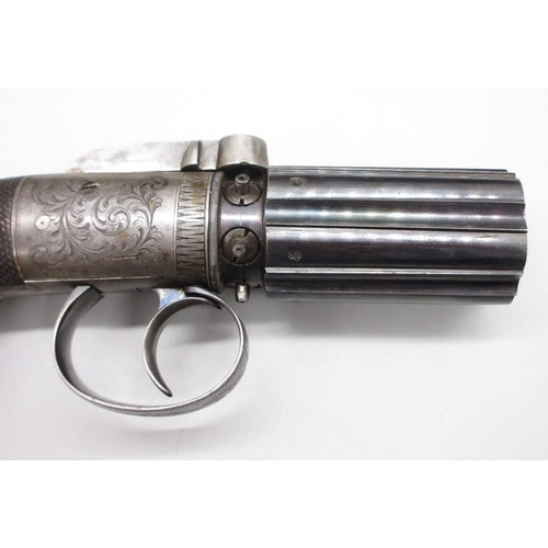 17 - Fine cased six shot Williams & Powell 100 bore percussion pepperbox revolver, 2.25