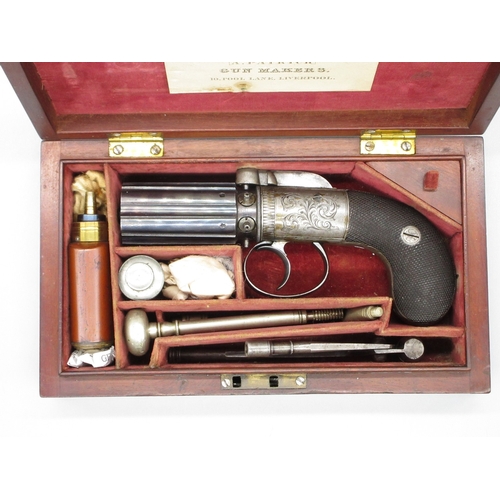 17 - Fine cased six shot Williams & Powell 100 bore percussion pepperbox revolver, 2.25