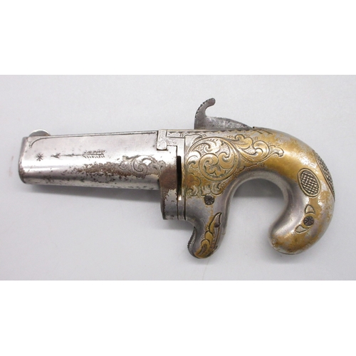 24 - Cased matched pair of Moores Patent .41 rimfire Derringer pistols, nickel plated with scroll engravi... 