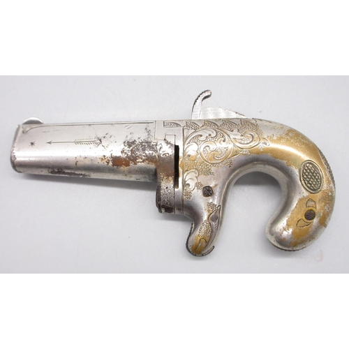 24 - Cased matched pair of Moores Patent .41 rimfire Derringer pistols, nickel plated with scroll engravi... 