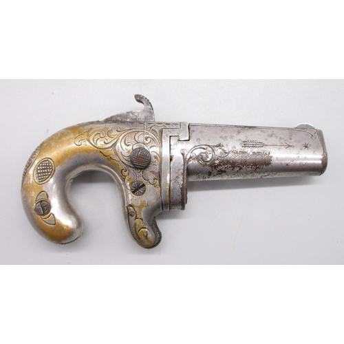 24 - Cased matched pair of Moores Patent .41 rimfire Derringer pistols, nickel plated with scroll engravi... 