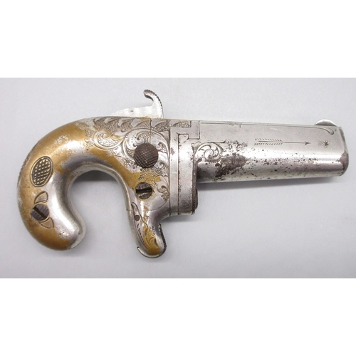 24 - Cased matched pair of Moores Patent .41 rimfire Derringer pistols, nickel plated with scroll engravi... 