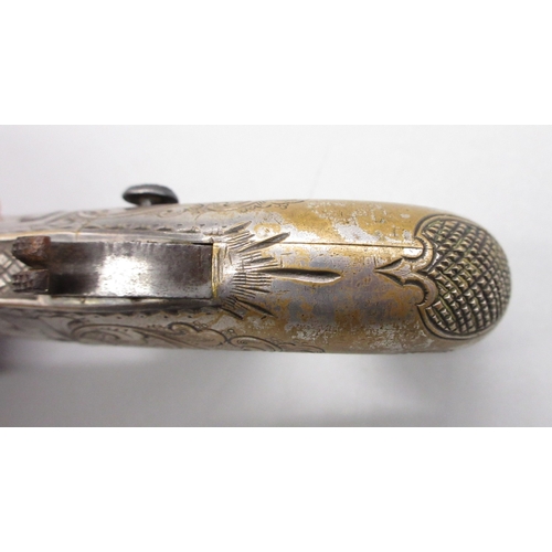 24 - Cased matched pair of Moores Patent .41 rimfire Derringer pistols, nickel plated with scroll engravi... 