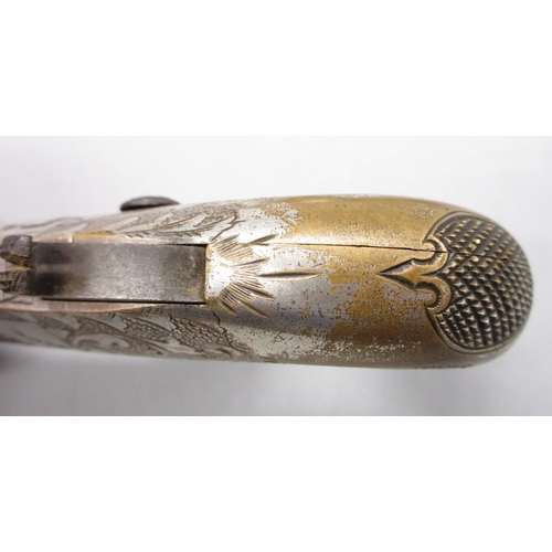 24 - Cased matched pair of Moores Patent .41 rimfire Derringer pistols, nickel plated with scroll engravi... 