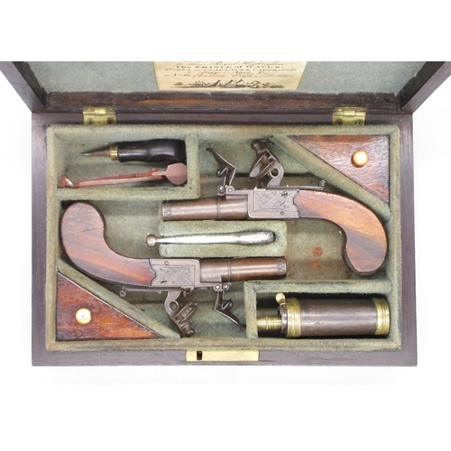 25 - Cased pair of flintlock pocket pistols with folding triggers by Brunn London, 1.25
